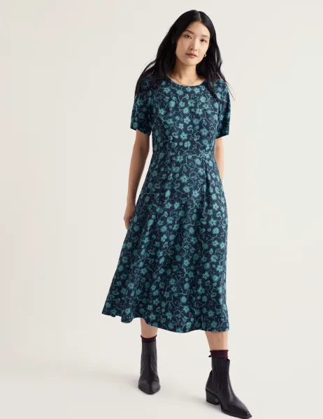 Seasalt Cornwall Floral Scoop Neck Midi Waisted Dress Teal Mix