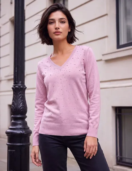 Roman Petite Embellished V-Neck Jumper Light Pink