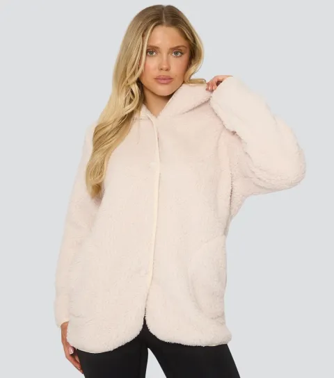 Women's Cream Borg Hooded Cardigan