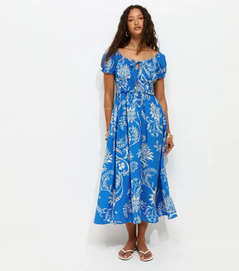 New Look Women's Blue Leaf Pattern Shirred Midi Dress
