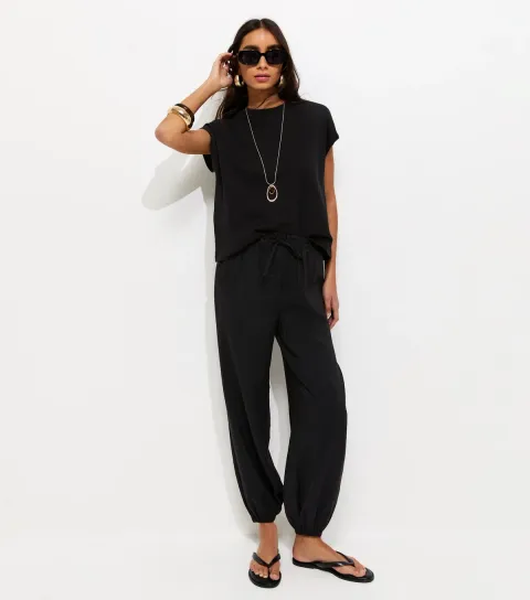 New Look Women's Black Tapered Cuff Drawstring Trousers