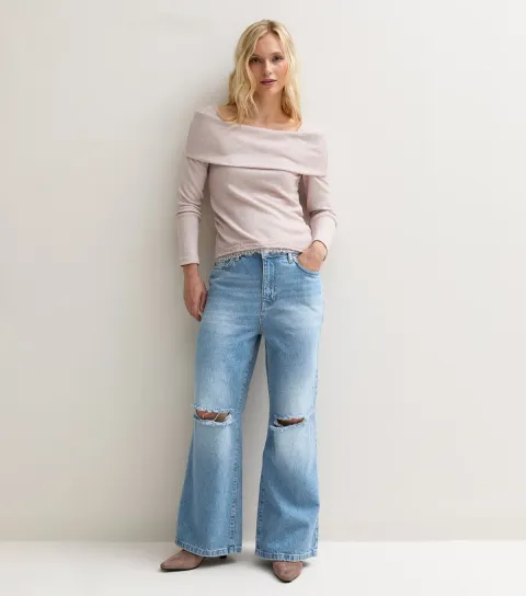 New Look Women's Petite Mid Blue Ripped Knee Wide Leg Adale Jeans