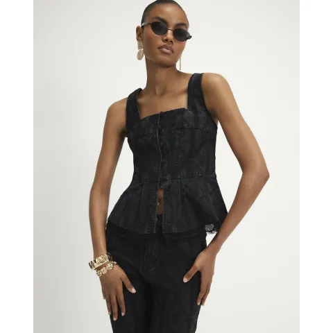 River Island Embroidered Denim Lace Peplum Top