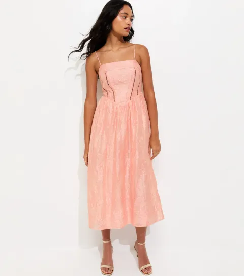 Women's Light Coral Sparkly Floral Jacquard Midi Dress