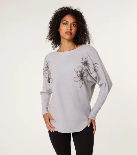 Women's Mid Grey Beaded Embroidery Rib Jumper