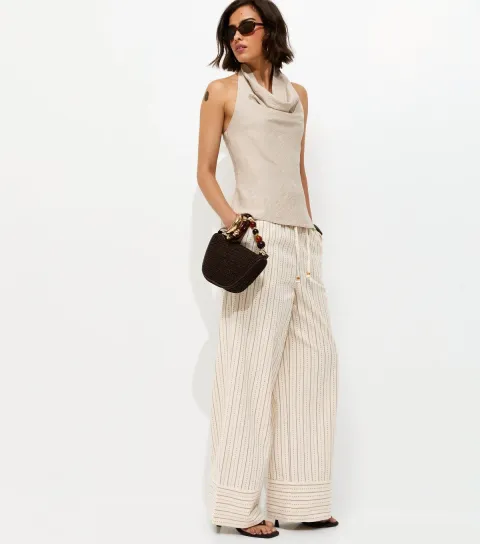 Women's Cream Cotton Rich Striped Wide Leg Trousers
