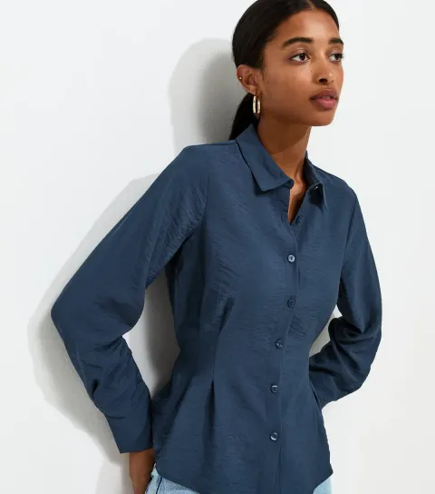 New Look Women's Navy Crinkle Texture Gathered Waist Shirt