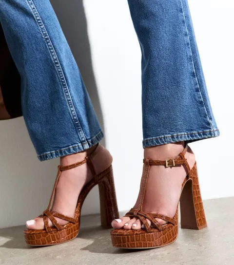 New Look Women's Rust Croc Effect Platform Sandals