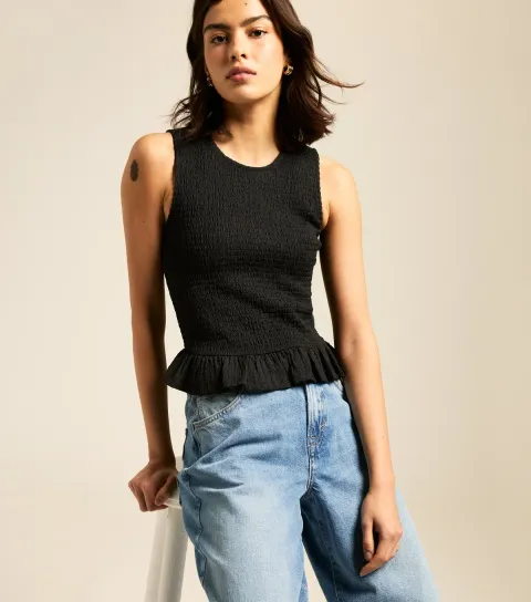 Women's Black Shirred Peplum Hem Top