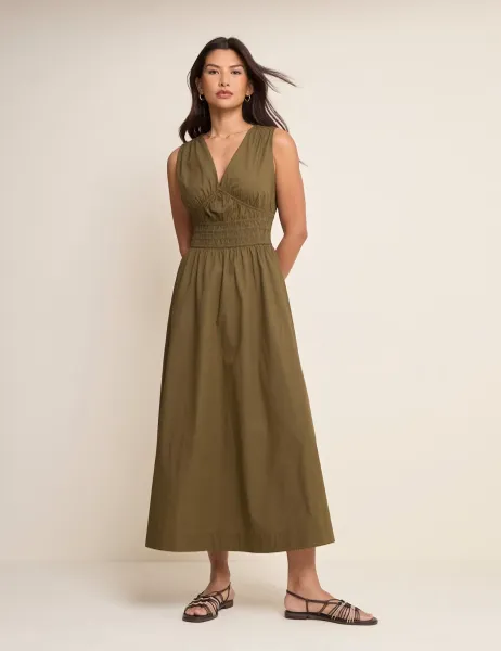 Nobody's Child Pure Cotton V-Neck Midi Waisted Dress Green
