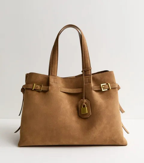 Camel Faux Suede Belted Lock Tote Bag
