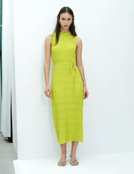 French Connection Plisse High Neck Tie Waist Midi Bodycon Dress Lime Green