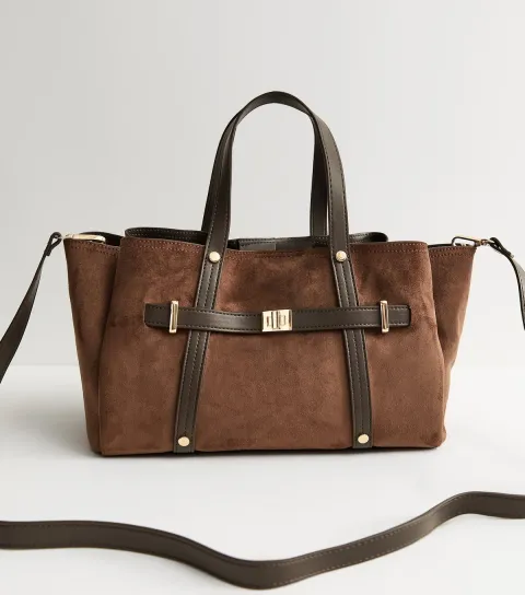 Dark Brown Faux Suede Triple Compartment Tote Bag