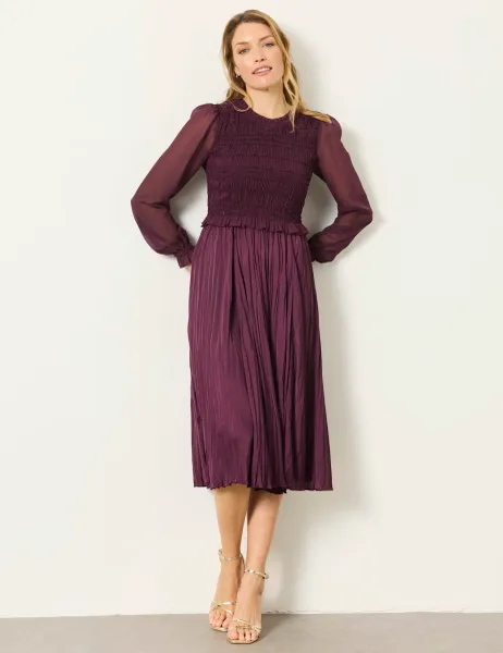 FatFace Plisse Round Neck Midi Shirred Tea Dress Dark Red