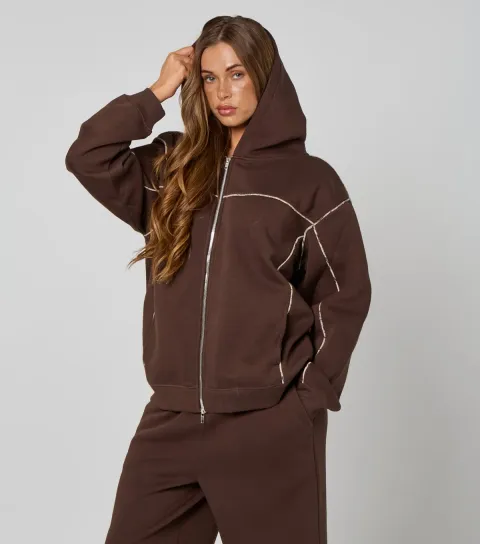 Women's Brown Piped Zip Up Hoodie