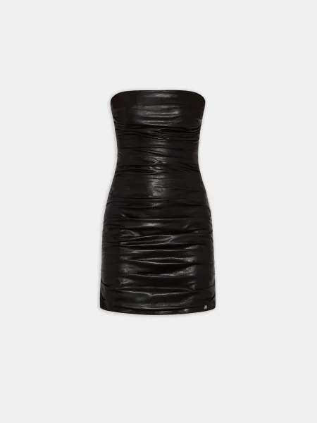 WOMEN - WOMEN'S ROUCHED LEATHER MINI DRESS - Black