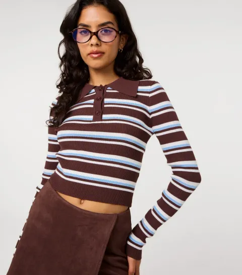Women's Dark Brown Striped Long Sleeve Polo Shirt