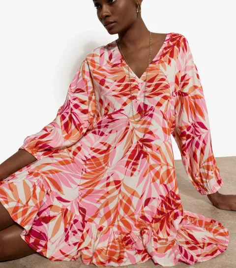 Women's Pink Leaf Pattern Batwing Dress