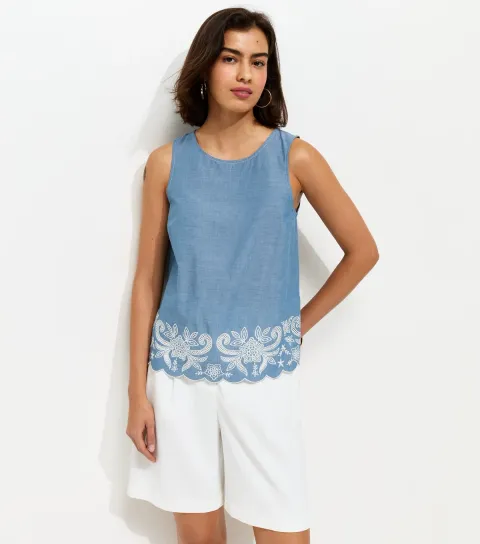 Women's Blue Embroidered Hem Sleeveless Top