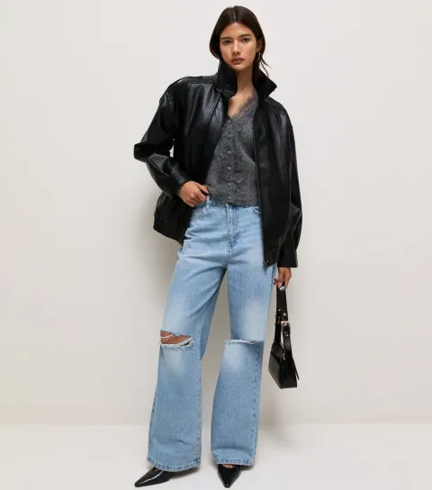 Women's Blue Denim Ripped Knee Wide Leg Adalae Jeans