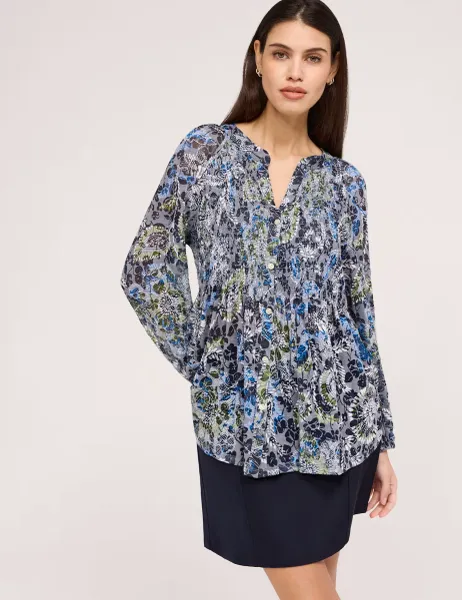 Finery London Jersey Floral Notch Neck Shirred Blouse Navy Mix
