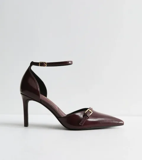 Women's Wide Fit Dark Burgundy Faux Leather Buckle Detail Pumps Vegan