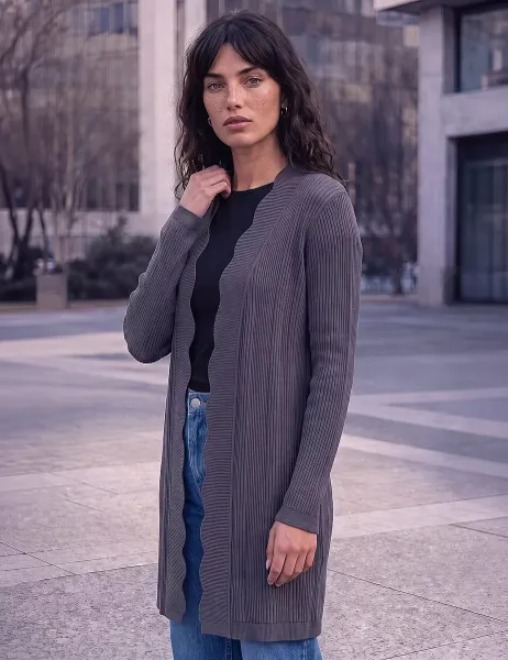 Roman Ribbed Scallop Edge Cardigan Dark Grey