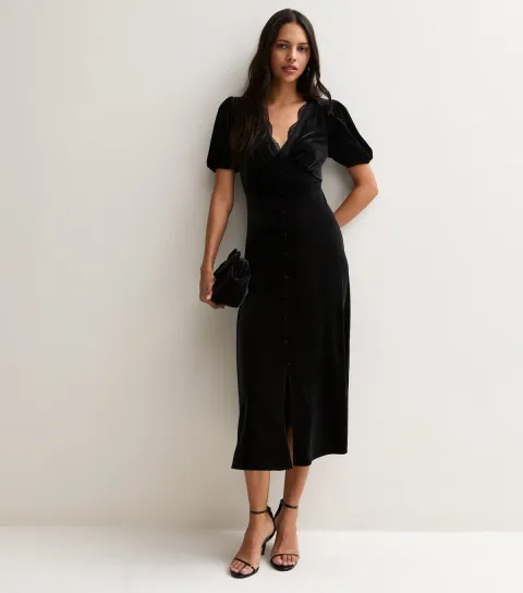 New Look Women's Black Velvet Lace Trim Empire Line Midi Dress