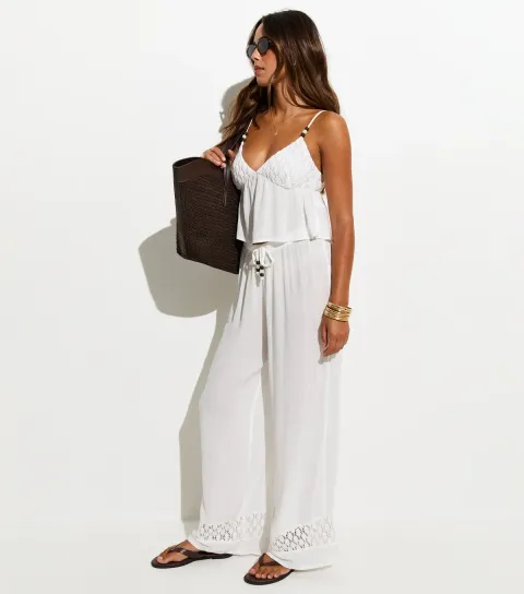 Women's White Crinkle Texture Crochet Insert Beach Trousers