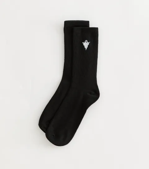 Black Cotton Rich Halloween Ghost Embroidered Ribbed Tube Socks