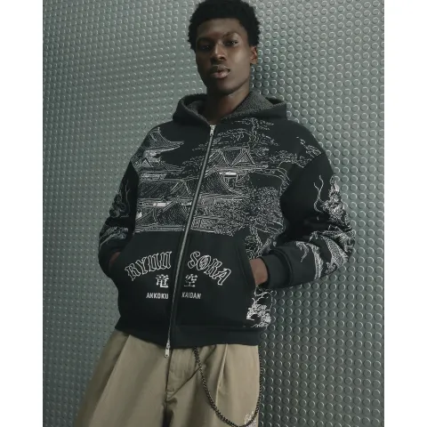 River Island Cotton Japanese Print Borg Lined Hoodie