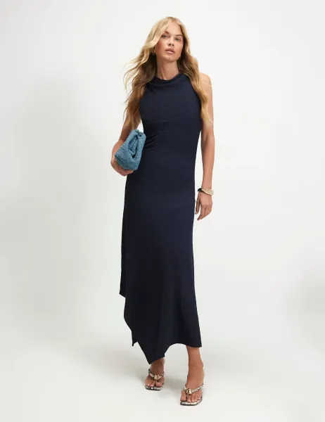 River Island Textured Halter Neck Midi Skater Dress Navy