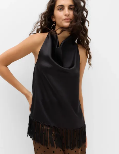 Marks & Spencer Satin Cowl Neck Tassel Top Black