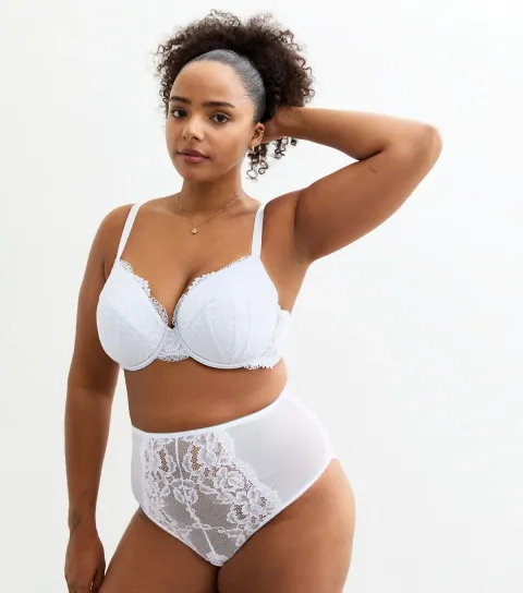 Women's Plus Size White Scalloped Edge Lace Brazilian Briefs Curves