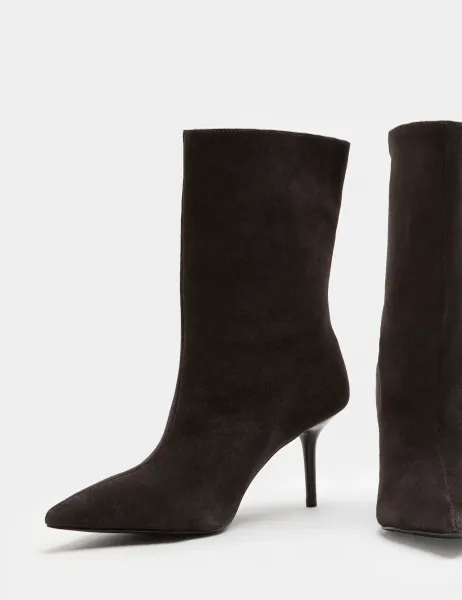 Marks & Spencer Suede Pointed Toe Stiletto Heel Mid Calf Boots Dark Grey