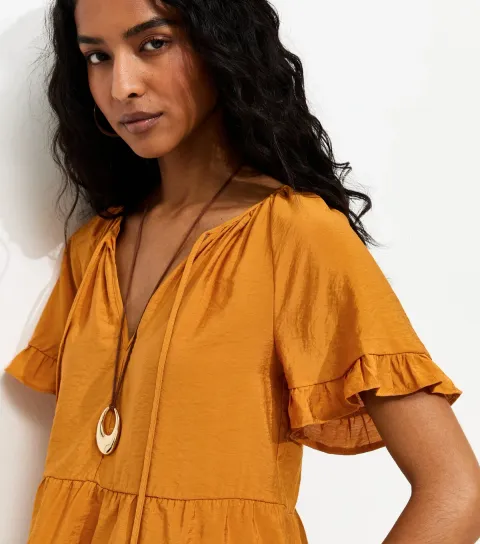 New Look Women's Dark Yellow Tiered Tie Neck Top