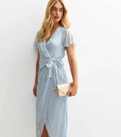 Women's Light Blue Jacquard Wrap Midi Dress