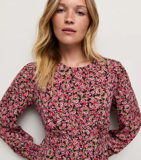 Women's Pink Ditsy Floral Cropped Sleeve Mini Dress