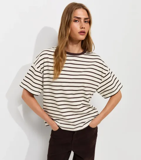 Women's Brown Cotton Striped Oversized Boxy Fit T-Shirt