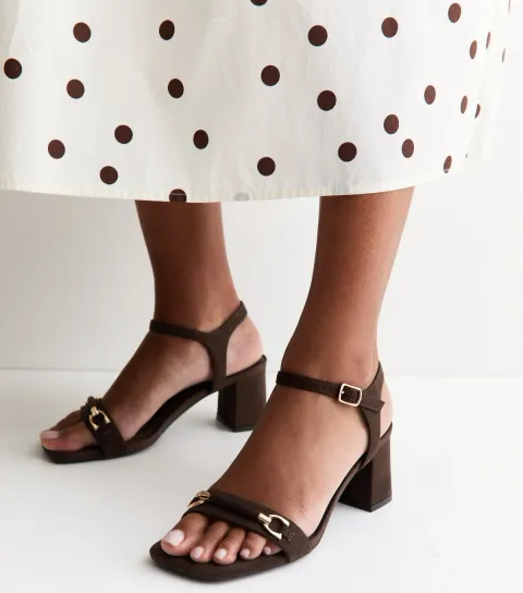 Women's Dark Brown Faux Suede Horsebit Detail Block Heel Sandals Vegan