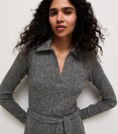 Women's Dark Grey Knitted Long Sleeve Midi Dress