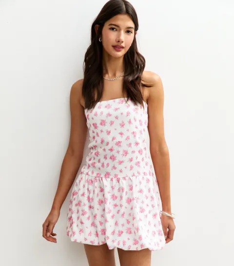 Women's White Floral Print Crinkled Texture Bandeau Mini Dress