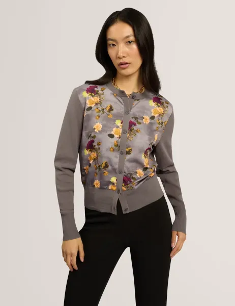 Ted Baker Cotton Rich Floral Button Front Cardigan Grey