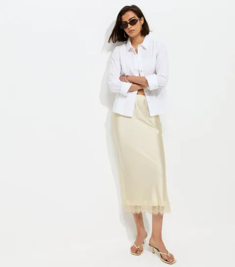 Women's Cream Satin Lace Hem Midi Skirt