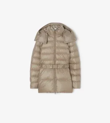 Short Nylon Hooded Puffer Coat in Taupe brown