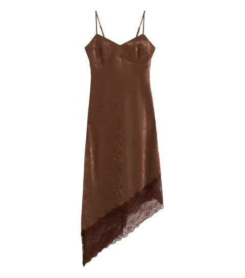 Women's Dark Brown Floral Jacquard Satin Asymmetric Lace Midi Dress