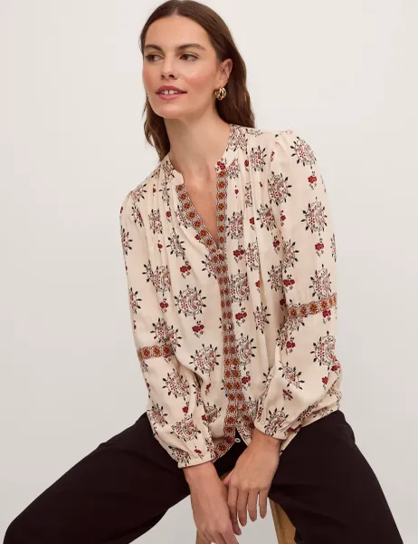 Monsoon Floral Notch Neck Button Through Shirt Ivory Mix