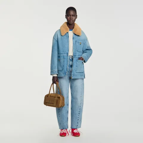 Denim coat with faux fur collar
