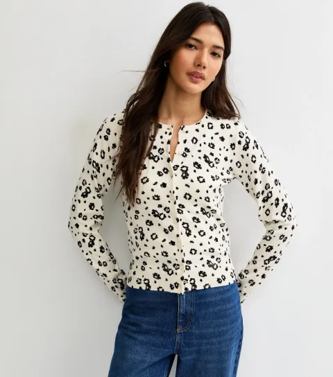 Women's White Floral Crew Neck Cardigan