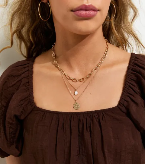 3 Layer Gold Tone Coin Pendant Chain Necklace
